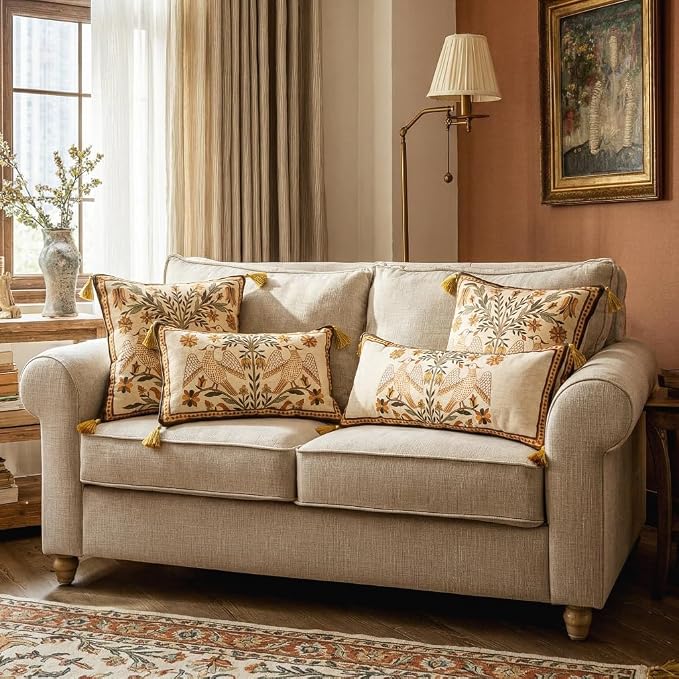 bilin gaier Designer French Linen Throw Pillow Cover,18"x18"-Seville A | Vintage Elegant Square Pillow Cover,Concealed Zipper,Floral and Bird Pattern,Sofa,Bedroom,Living Room,Lounge Chair