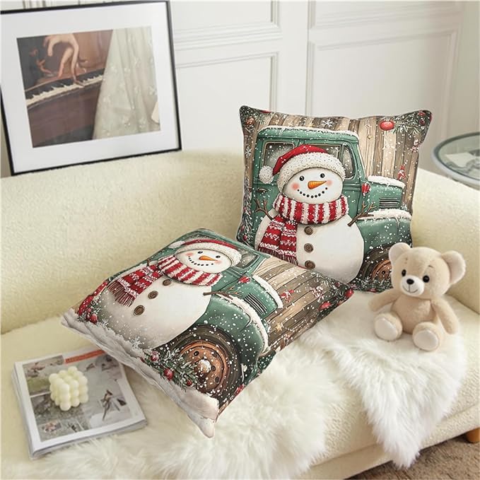 Christmas Snowman Pillow Covers 22x22 Set of 2 Green Xmas Truck Throw Pillow Covers Wooden Pattern Background Pillowcase Winter Holiday Cushion Case for Living Room Sofa Couch