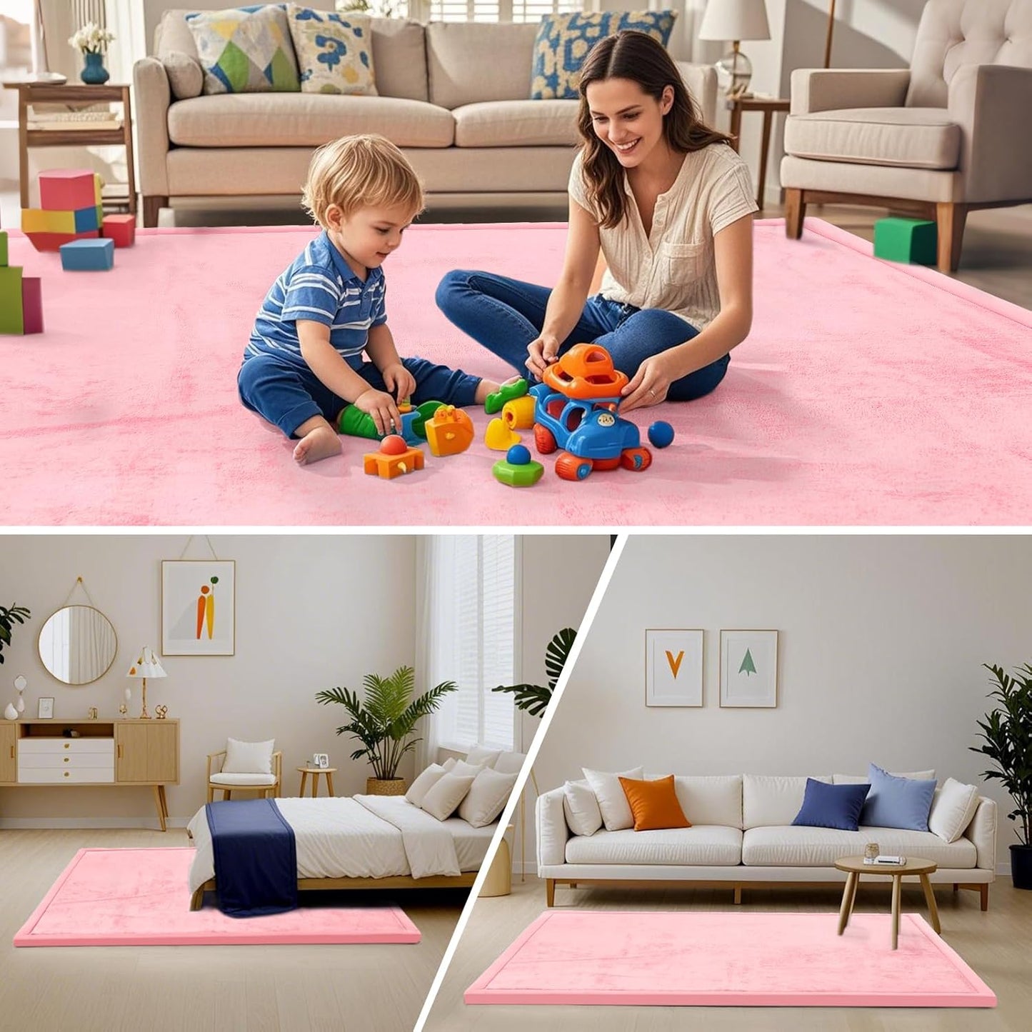 ACOMOPACK Baby Play Mat for Floor,1.3" Thick Memory Foam Area Rug for Living Room,Soft Velvet Crawling with Non-Slip Bottom for Kid,Toddler,79"×118" Tummy Time Nursery Rugs,Yoga(Pink)