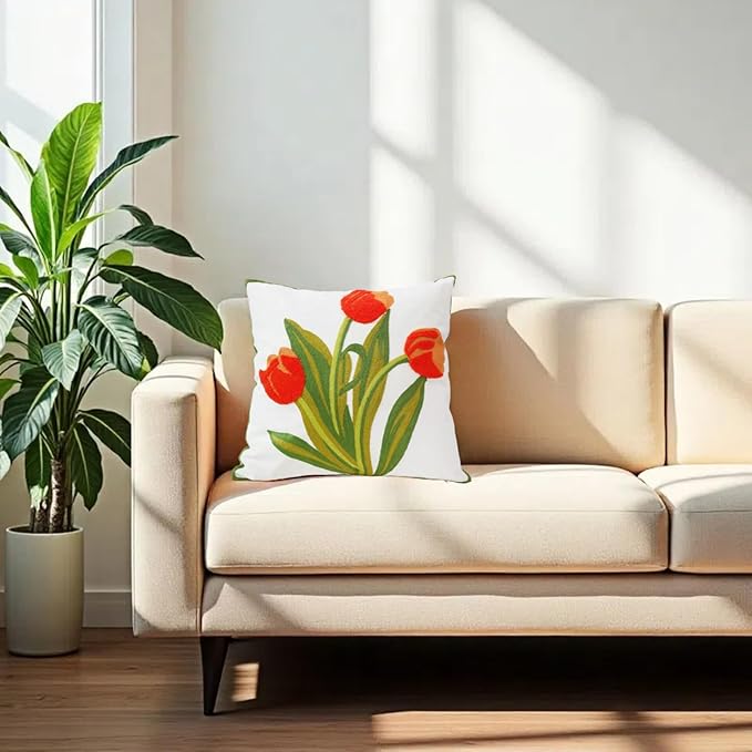 Embroidery Throw Pillow Cover 18x18 Home Decor Floor Pillow Cover for Couch Sofa Chair Best Gift 100% Cotton Floral Embroidered Cushion Cover Square Pillowcase 45x45cm Red Tulip, 1 Piece