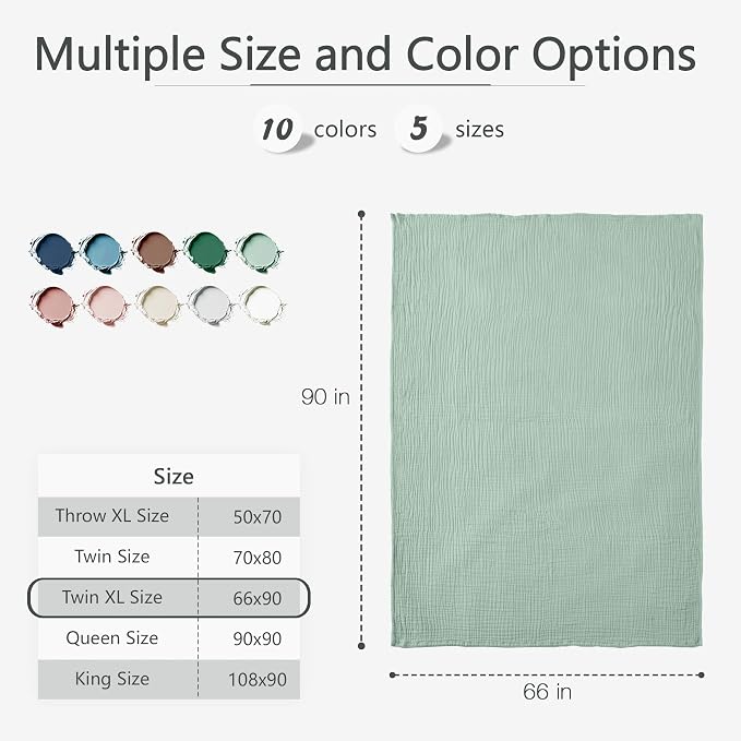 Carriediosa 100% Cotton Muslin Throw Blanket 66" X 90" Twin XL Size,4-Layers Summer Gauze Throws for Bed Couch,Soft Lightweight Breathable Linen Blankets Bedspread for Adults All Season,Sage Green