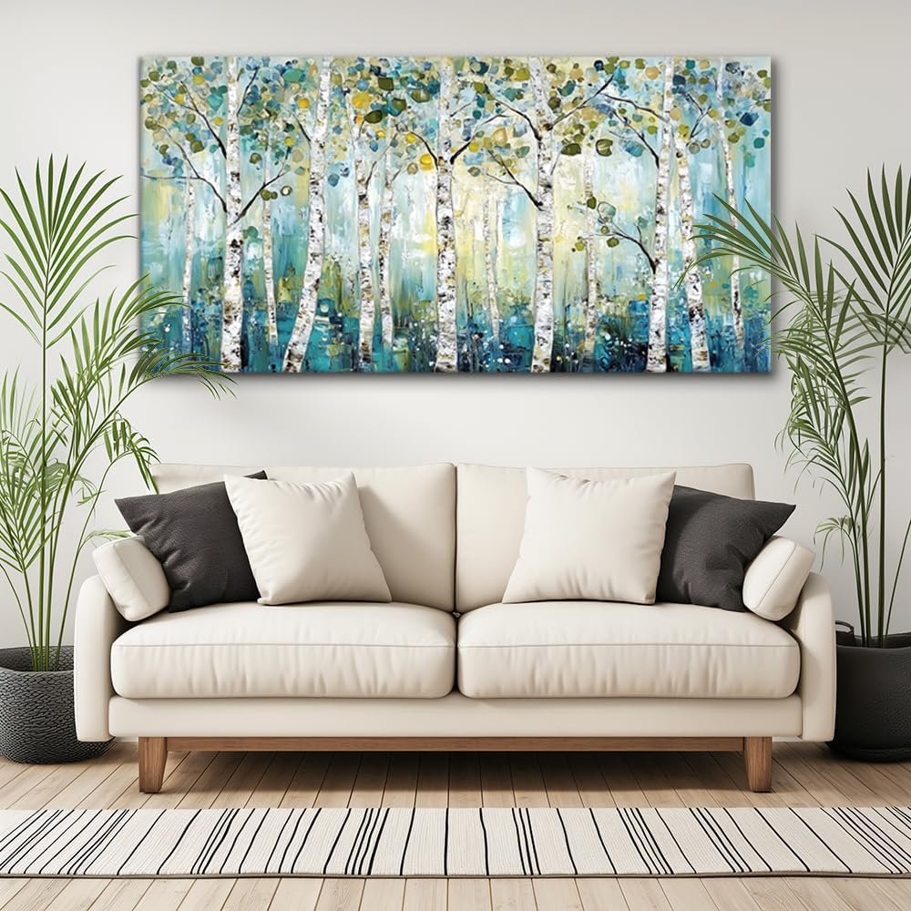 LASMOND Abstract Teal Grove Canvas Paintings Prints Modern Tree Wood Artwork Decor Wall Art for Living Room Bedroom Offices (58x28 Inches)