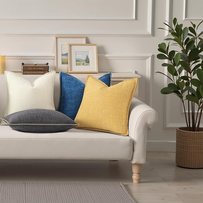 decorUhome Summer Decorative Throw Pillow Covers 18x18 Set of 2 Square Faux Linen Farmhouse Pillow Covers with Stitched Edge Outdoor Neutral Pillow Covers for Couch Sofa Living Room, Dark Grey