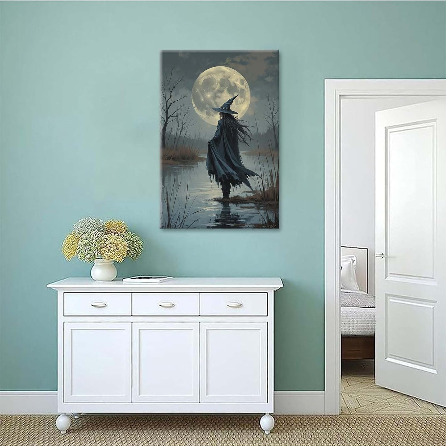 Witch in the moonlight magic canvas wall art enchanting Halloween home decor swamp witch silhouette oil painting mysterious gothic aesthetic wall decor print poster28x40in Wood Framed