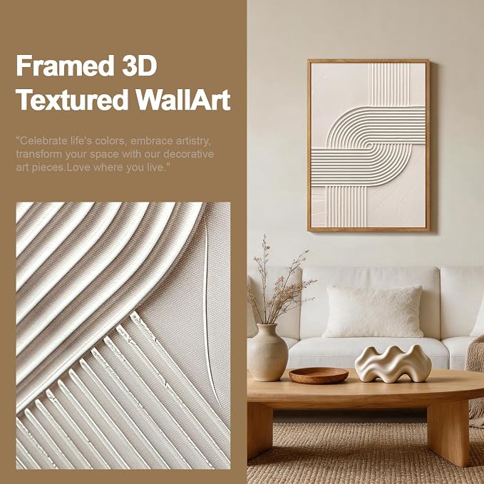 CHDITB 3D Impasto Relief Abstract Curved Geometric Arch Textured Framed Canvas Wall Art Set, Neutral Earth Tone Minimalist Wall Decor, Modern Art Prints for Living Room Hallway Bedroom Decor 16"x24"x3