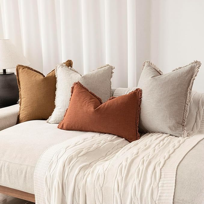 Foindtower Set of 2 Decorative Linen Fringe Throw Pillow Covers Cozy Boho Farmhouse Cushion Cover with Tassels Soft Accent Pillowcase for Couch Sofa Bed Living Room Home Decor, 26×26 Inch,Orange Brown