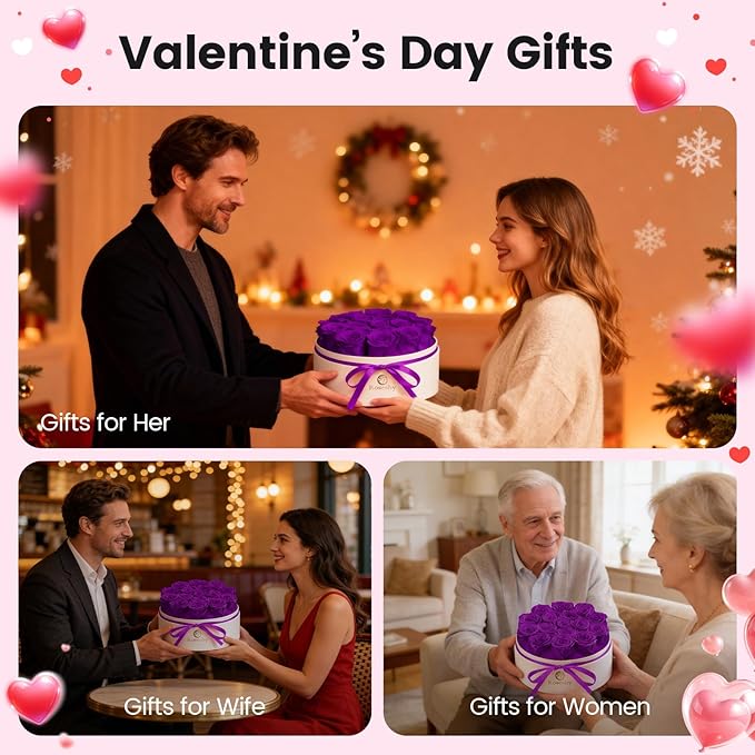 Mothers Day Flowers Roses Gifts for Mom,16pcs Purple Forever Preserved Roses in Round Gift Box,Mothers Day Delivery Prime Gifts-Roses Gifts for Women,Mom.