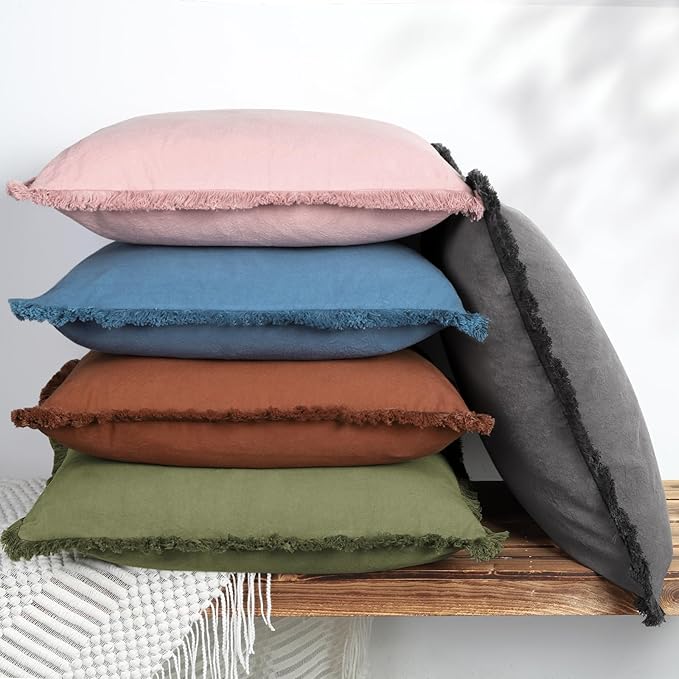 ZWJD Pillow Covers 24x24 Set of 2 Army Green Throw Pillow Covers with Fringe Chic Cotton Decorative Pillows Square Cushion Covers for Sofa Couch Bed Living Room Farmhouse Boho Decor