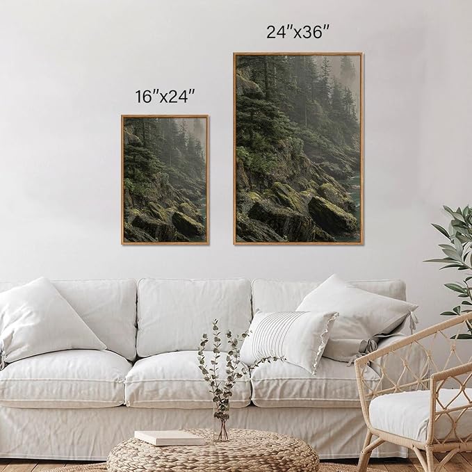 Rantodecor Coastal Forest Framed Canvas Wall Art, Pacific Northwest Coast landscape Wall Decor, Nature PNW Mountain Sea Art Paintings, Sage Green Pine Artwork for Bedroom Living Room Office 24"x36"x3