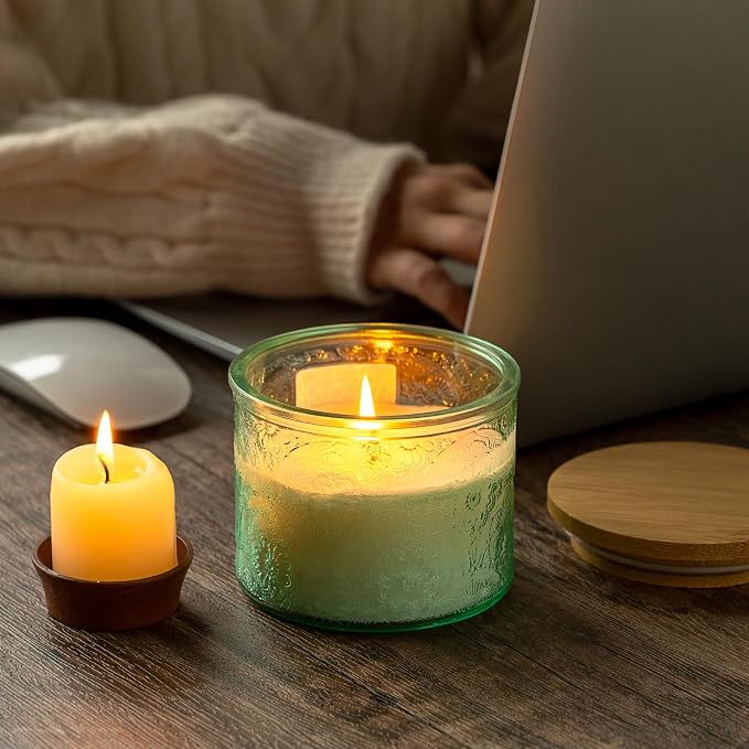 10 oz Green Mandala Glass Candle Jars with Bamboo Lids, 9 Pack | Patented Embossed Design, Includes Wick Centering Devices & Warning Labels, Multiple Color Options