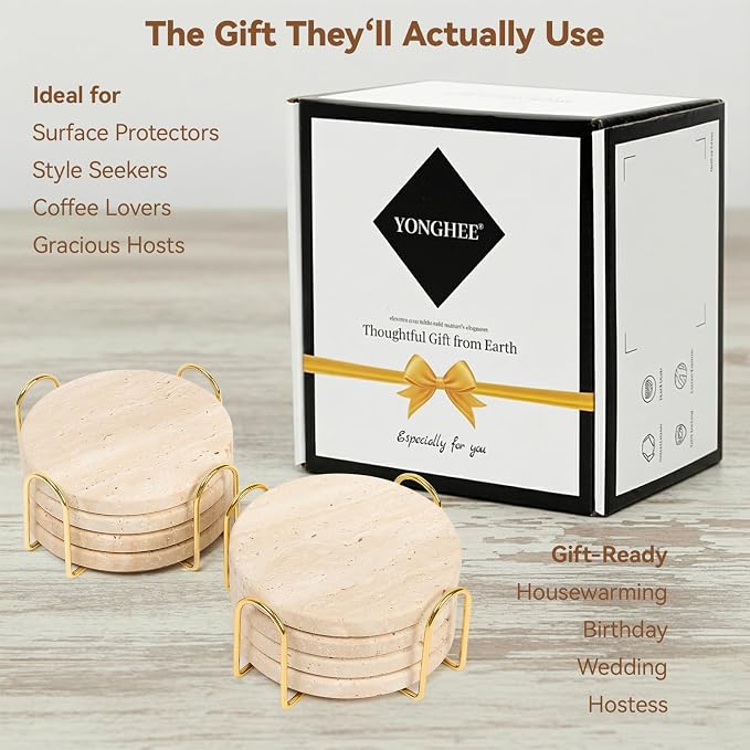 Set of 8 Travertine Coasters with Holder, 4" Round Stone Drink Coasters with Stand for Table Desk Bar - Cork Backed, Heat Resistant Rustic Farmhouse Boho Coaster, Elegant Coffee Table Decor