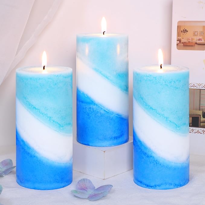 Ocean Scented Pillar Candles, Blue and White Striped Candles, 3x6 Inch, 100% Cotton Core Paraffin Wax Candles, Handmade Aromatherapy Candles Decorative for Gift & Home Decor, Set of 3