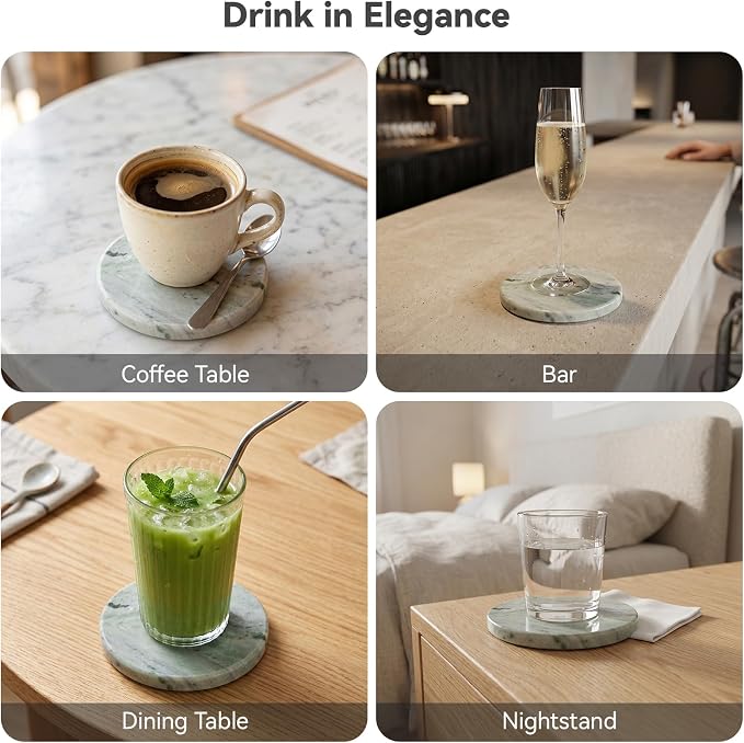 Sage Green Marble Coasters Set of 6, Elegant Green & White Coasters for Coffee Table, 4" Round Polished Soft Green Stone Coaster with Cloudy Veins – Heat Resistant, Non-Slip, Housewarming Gift
