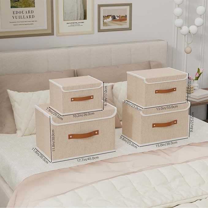 Yawinhe Collapsible Storage Boxes, Stackable Linen Fabric Baskets, Bin with lid and Leather Handle, Washable, for Home, Closet, Beige, 10.2x7.9x6.7 In, 5-Pack, SNK024BEN-5