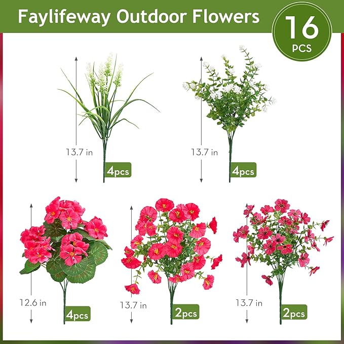 16 Bundles Artificial Flowers for Outdoors, UV Resistant Silk Faux Flowers for Outside Planters,Garden,Porch,Patio,Yard,Home Decor(Hot Pink)