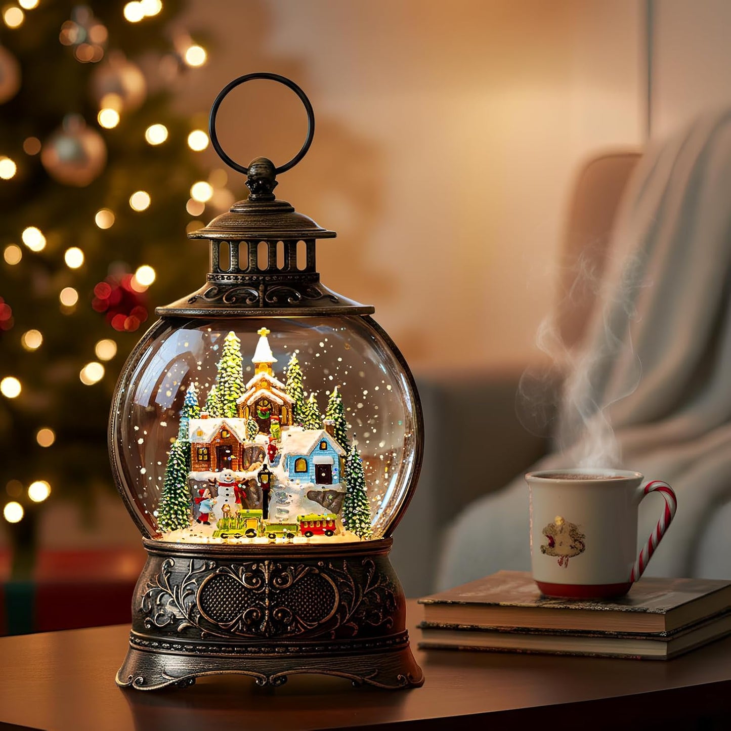 Christmas Snow Globes Christmas Water Lantern with Snowy Train Snowman, Music & 6H Timer, USB Lined/Battery Operated Lighted Lanterns for Xmas Festival Decoration Gifts