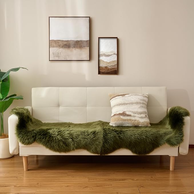 Premium Genuine Sheepskin Area Ruge - Real Wool Fur Shaggy Carpet | Fluffy Soft Natural Lambskin Rug Seat Chair Covers for Couch Sofa Bedroom Living Room(Dark Green,2×6 Feet Sheepskin)