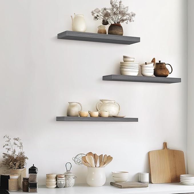 BAYKA Grey Floating Shelves for Wall 22.5 inch, Wall Mounted Shelf for Bedroom, Living Room, Kitchen โ Wood with Hidden Metal Brackets, 22LBS Capacity, 6.7โ Deep โ Storage for Books, Plants, Decor