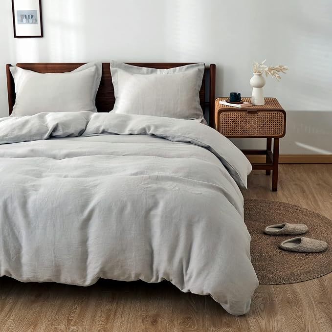 Simple&Opulence 100% Linen Duvet Cover Set 3pcs Basic Style Natural French Washed Flax Solid Color Soft Breathable Farmhouse Bedding with Button Closure - Light Grey, Queen