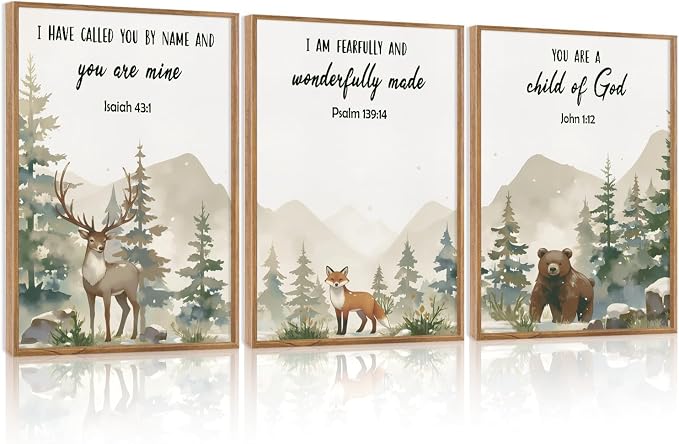 HPNIUB Woodland Animal Christian Framed Wall Art Set,Bible Verse Quote Wall Decor,Nature Forest Religious Art Print,Misty Forest Deer Bear Fox Artwork for Nursery,Kids Bedroom,Study Room-24"x36"x3