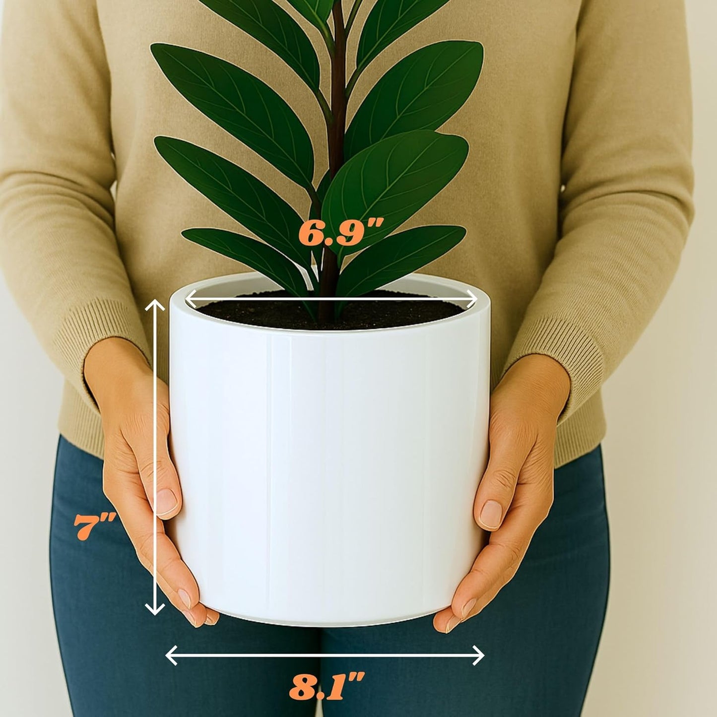 Fox & Fern 8 Inch Plant Pot with Drainage Plug — Premium Lightweight Fiberstone Glossy White Planter; Indoor & Outdoor Planter; 8 Inch Pots for Plants; Weather Resistant & UV Resistant