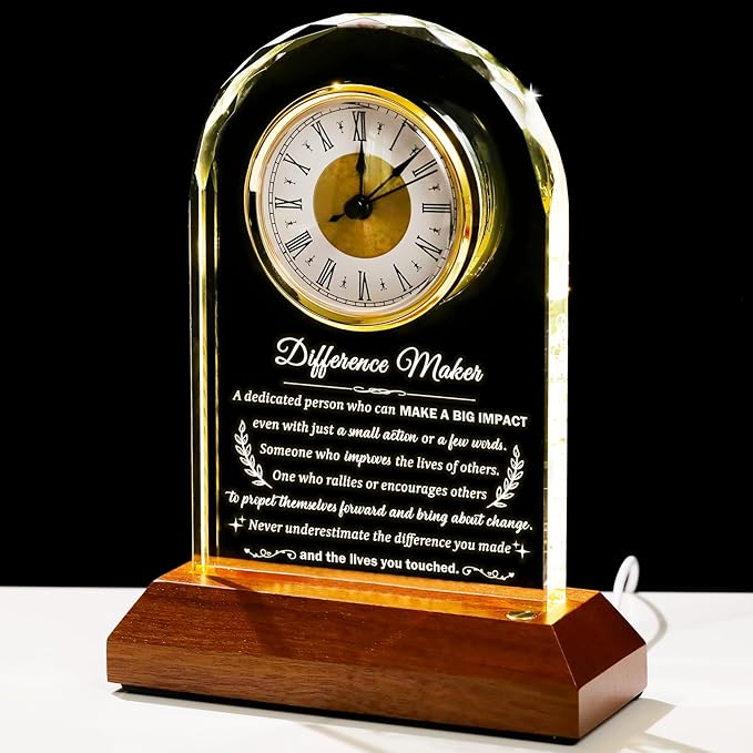 Difference Maker Glass Clock Gifts, Thank You Gift for Coworker Boss Mentor Leader Teachers Employee with Wooden Light Base, Crystal Difference Maker Plaque Appreciation Keepsake for Women Men