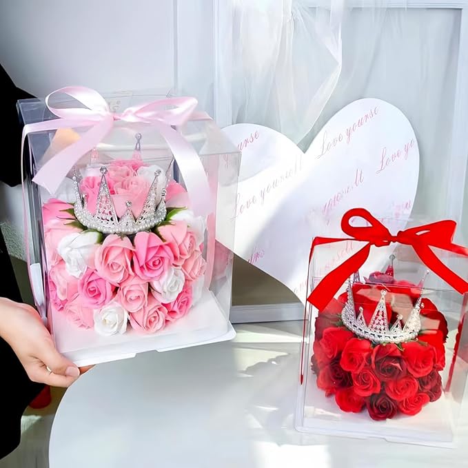 EIGHTOWN Forever Cake with Pink Preserved Flowers - Bouquet Preserved Roses for Women - Birthday Gift for Her with Crown (Pink)