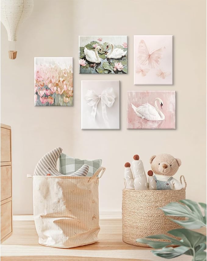 Coquette Pink Wall Art Decor Aesthetic Swan Posters Bow Flower Canvas Wall Art Preppy Cute Pictures Trendy Butterfly Posters Coquette Aesthetic Prints for Girl Dorm Room Bedroom 8x10x5 Inch Framed