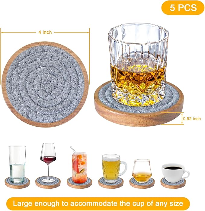 Eykao Drink Coasters Set of 5, Coasters for Drinks Absorbent, Wood Coasters for Coffee Table, Housewarming Gift for Farmhouse Home Decor,4 inches (Brown & Gray)