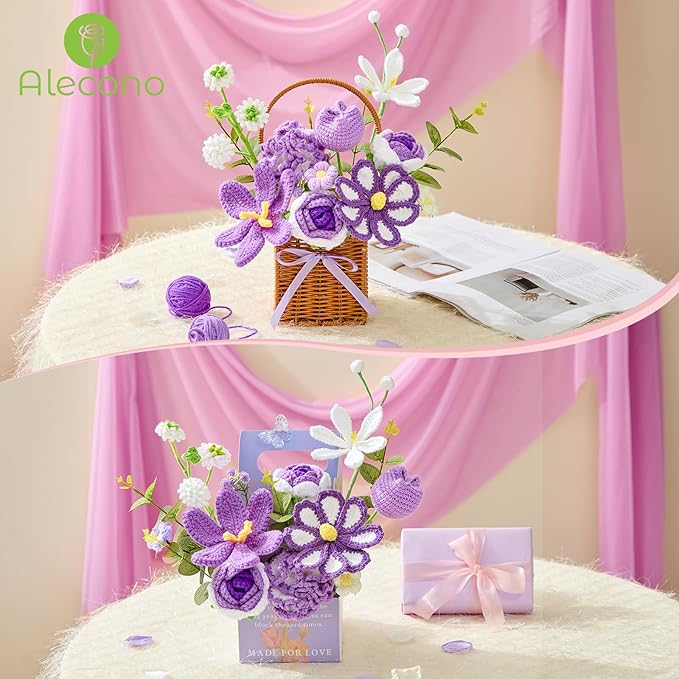 Alecono Large Crochet Flower Bouquet, Knitted Artificial Flowers, Crochet Tulip as a Gift for Valentines Day Mothers Day, Graduation Gifts for Girls Women (Purple)