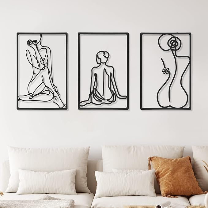 CHENGU 3 Pieces Metal Minimalist Abstract Woman Wall Art Line Drawing Wall Art Decor Single Line Female Home Hanging for Kitchen Bathroom Living Room