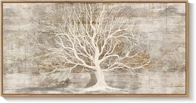 Large Framed Tree of Life Wall Art for Living Room, Rustic Farmhouse Abstract Tree Canvas Painting Print Artwork for Walls, Modern Neutral Forest Picture for Bedroom Office Wall Decor, 60x30 In