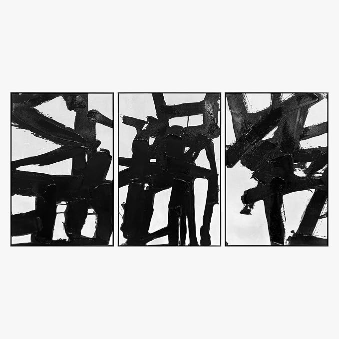 SAFERRYHOME Black And White Abstract Textured Wall Art, 3 Pieces Modern Canvas Prints Paintings, Minimalist Wall Decor Picture, Black Line Stroke Artwork for Living Room, Bedroom, Office, 24"x36"x3