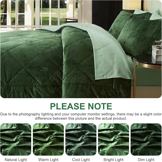 Ivellow King Comforter Set 7 Pieces Bed in a Bag Crushed Velvet Comforter Set Flannel King Green Comforter Ultra Soft Breathable Luxury Soft Warm Winter Bedding Set with Sheets, Pillowcases & Shams