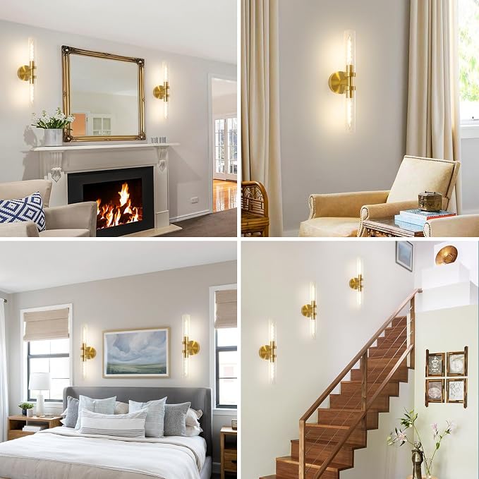 Battery Operated Wall Sconces, Wall Sconce Set of 2, 3000K-6500K Gold Rechargeable Wall Lamp with Remote, Indoor Non-Hardwired Wall Sconce, Modern Vanity Light for Bedroom, Living Room, Aisle