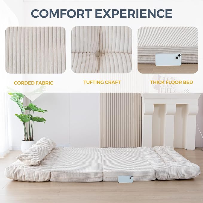 MAXYOYO Folding Sofa Bed, Tufted Bean Bag Bed with Pillows Floor Couch for Adults, Extra Thick and Long Floor Sofa, Full Floor Couch Bed for Bedroom Living Room, Beige, 54x91 Inch