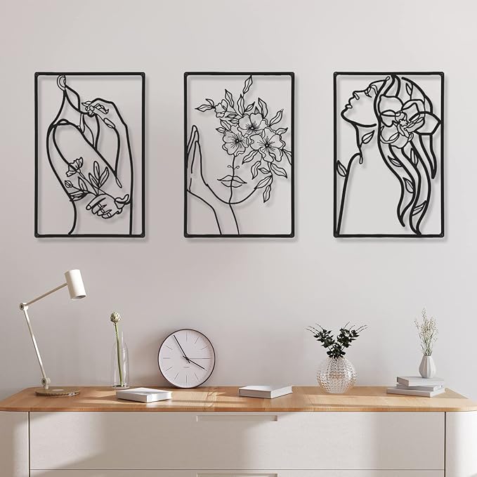 CHENGU 3 Pieces Minimalist Metal Wall Art Decor, Abstract Woman Line Art Wall Decor, Modern Metal Sculpture for Living Room Bedroom Bathroom Apartment Aesthetic Home Decoration