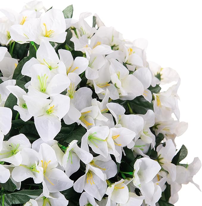 INXUGAO 2 pcs Artificial Faux Bougainvillea Flowers Plants for Outdoor Outside Summer Decoration, Fake Silk UV Resistant Long Trailing Vines for Front Door Porch Planter Balcony (White)