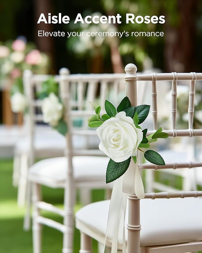 InnoGear 50 Pcs White Roses Artificial Flowers, Fake Velvet Silk Rose Bulk Faux Flower for Decoration DIY Wedding Centerpieces Proposal Bridal Bouquets Shower Party Home Floral Decor (50, White)