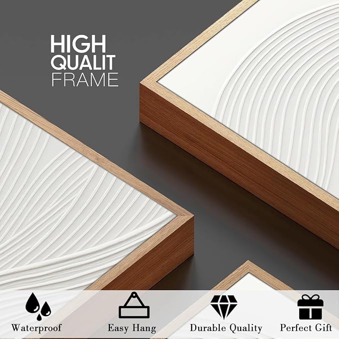 Anyzal Extra Large Framed White Textured Wall Art 24x36 Inch Neutral Abstract Modern Canvas Wall Decor Minimalist Waves Artwork for Living room Dining room Bedroom Set of 3
