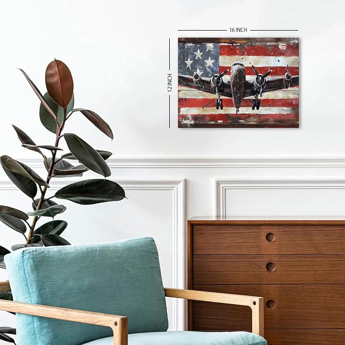Vintage Airplane Wall Art USA Flag Aviation Pictures for Living Room Rustic Plane Posters Canvas Prints Bedroom Decor Modern Contemporary Aircraft Painting Artwork Mens Office Home Decorations 12x16"