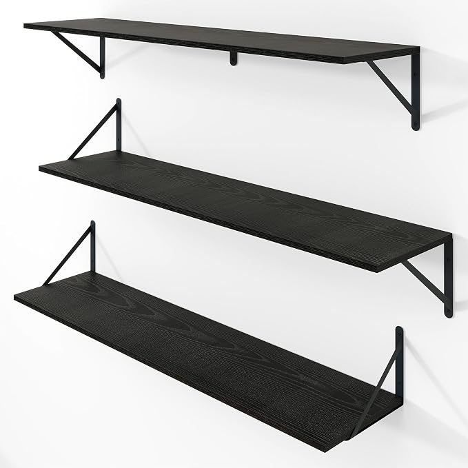 Vivelove Black Deep Floating Shelves for Wall, 36W x 8D Wood Wall Shelves Set of 3, Wide Floating Bookshelf for Living Room, Kitchen, Office, Bedroom and Decor Storage, with Metal Bracket - Black