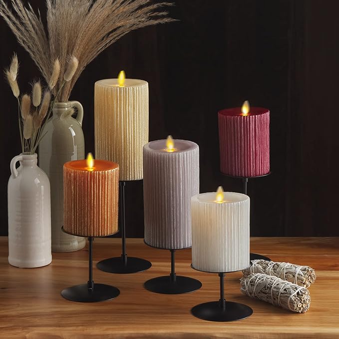 Luminara Flameless LED Candle (3.25x4.5) with Embossed Metallic Furrow, Moving Flame LED Pillar, Real Wax with Recessed Edge, Battery Operated - Pearl Ivory