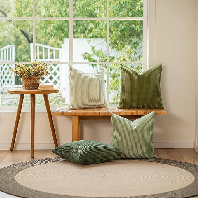 LANANAS Neutral Couch Throw Pillow Covers 18x18 Inch Set of 4 Sage Green Decorative Farmhouse Boho Pillows for Living Room, Bed, Sofa Soft Corduroy Accent Home Decor (Mossy Hues, 18x18 Inch)