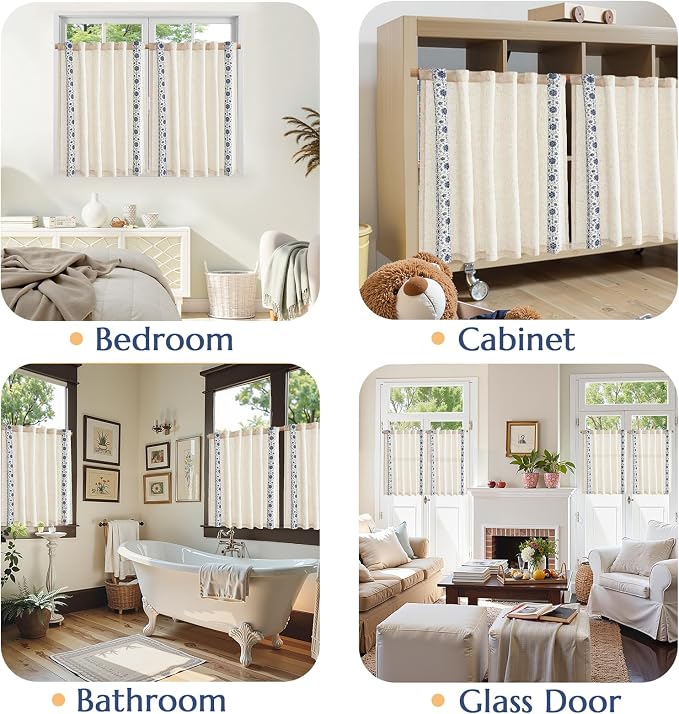 jinchan Blue Floral Embroidered Linen Kitchen Curtains 54×45 Inch 2 Panels | Light filtering, back tab, rod pocket, cafe curtains for kitchen bedroom living room, cottage farmhouse, small window
