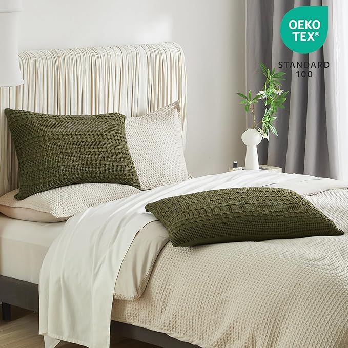 PHF 100% Cotton Waffle Pillow Shams Standard Size, 2 Pack 20" x 26" Soft Skin-Friendly Pillowcases, No Filling, Aesthetic Woven and Breathable Waffle Weave Pillow Case Covers for Bed, Capulet Olive