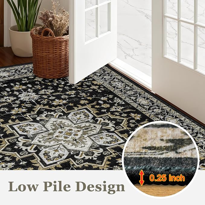 Round Area Rug for Living Room: 4 ft Washable Vintage Boho Soft Thin Circle Rug Indoor Floor No Slip Stain Resistant Carpet for Bedroom Dining Room Farmhouse Nursery Home Office - Black Gold