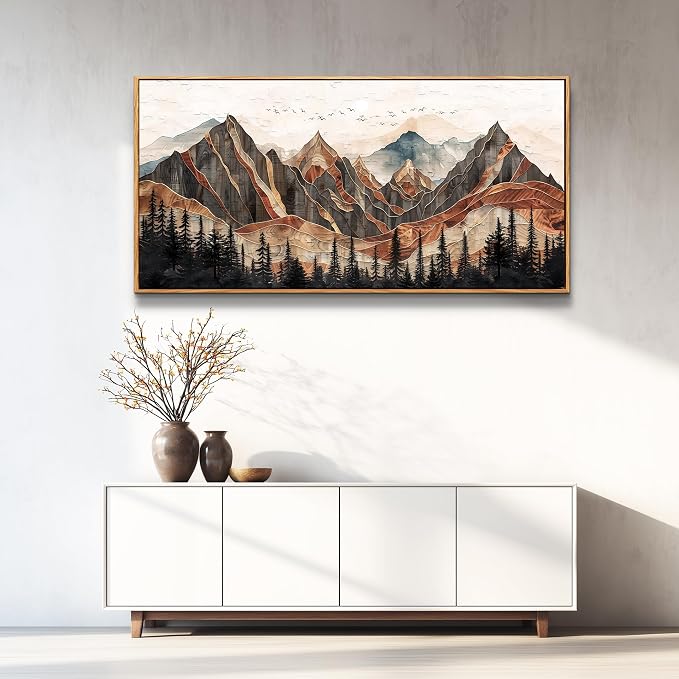 XIGUANGART Mountain Framed Wall Art, Long Horizontal Mountains Wall Decor, Pine Trees Nature Wall Painting, Modern Rustic Farmhouse Landscape Art Prints for Bedroom Office Decoration 20"x40"