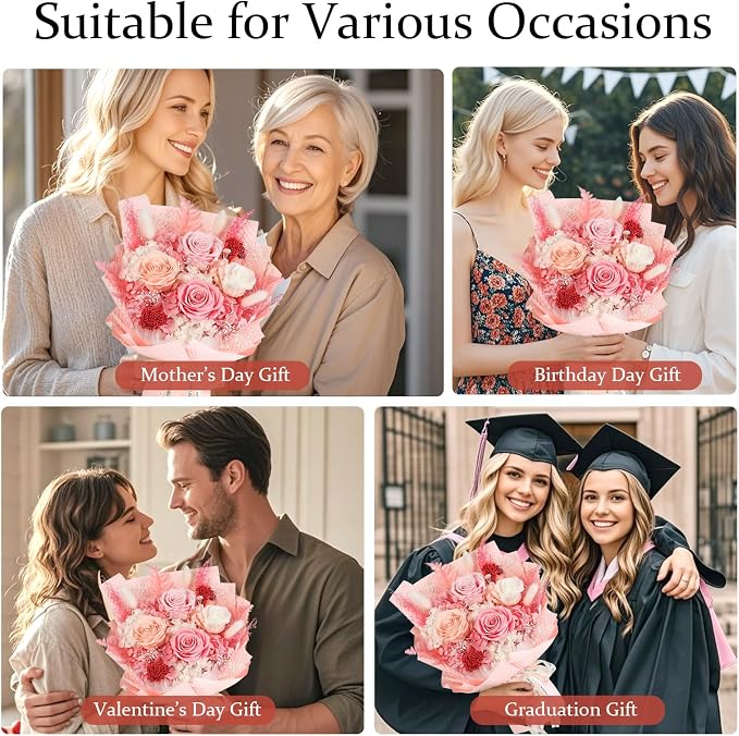 Preserved Flowers Bouquet 4 Roses - Pink Roses & Flowers for Delivery, Long-Lasting Real Roses Forever, Mothers Day Gifts for Mom Grandma Wife, Anniversary Birthday Gifts for Women