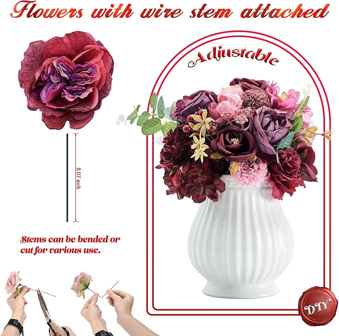 Artificial Flowers Combo Box, 38PCS Fake Flowers, Silk Flower Mix with Wire Stem, DIY Wedding Bridal Bouquet for Arrangement, Shower Party Home Décor, Blush Pink & Burgundy Mix